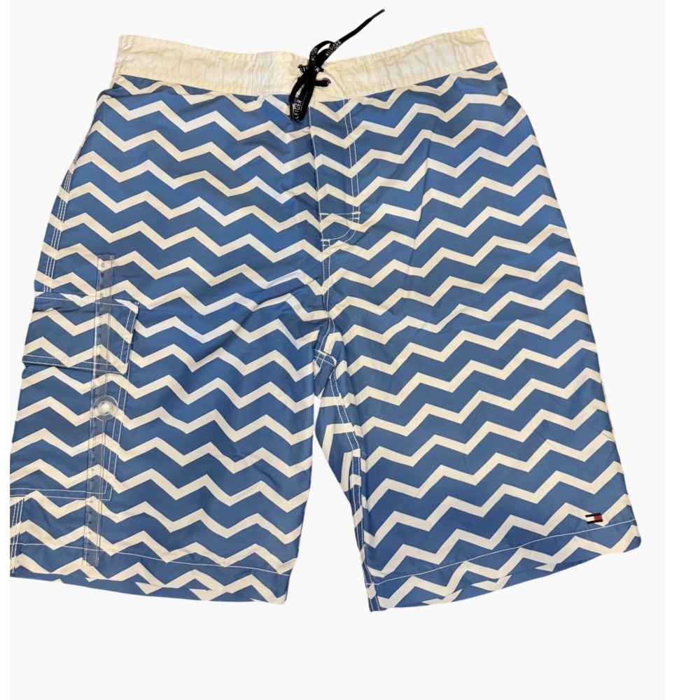 New Tommy Hilfiger Mens Blue White Chevron  Swim Trunks Board Shorts Size M